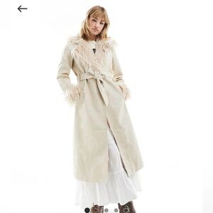 Reclaimed Vintage Longline leather look trench coat with faux fur